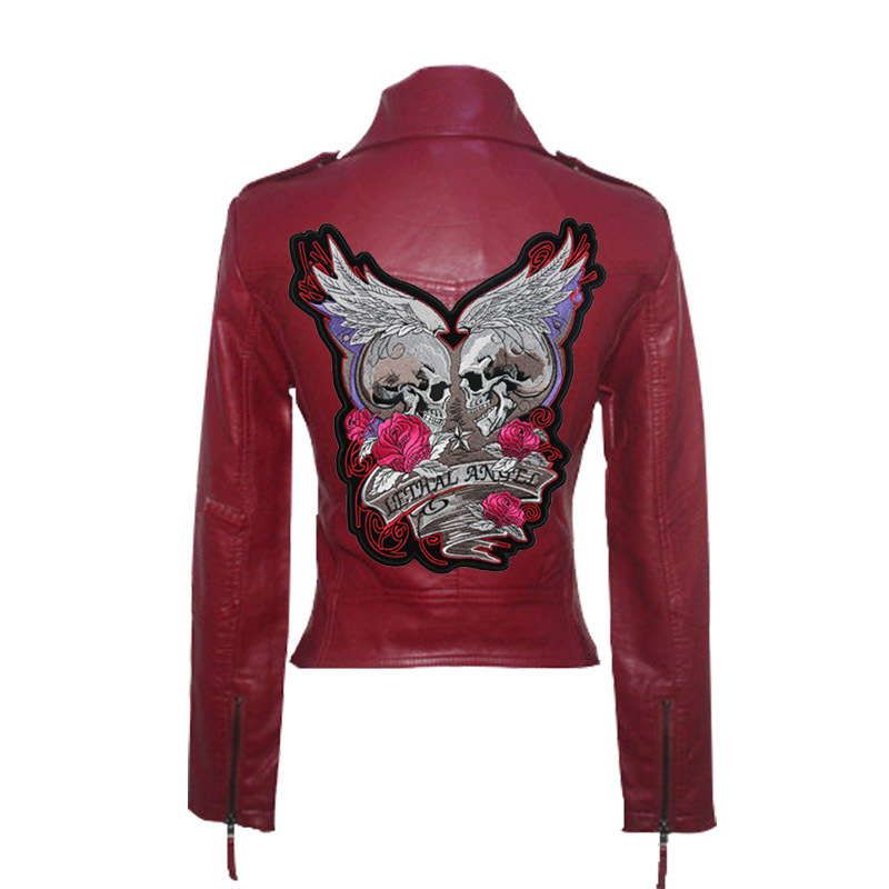 Women Embroidery Leather Jackets Winter Slim Motorcycle Bomber Skull Jacket Coats Black Wine Red 201020