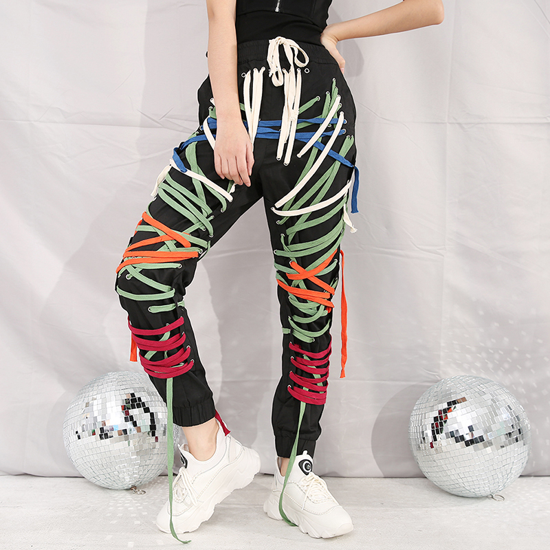 DEAT Autumn And Winter Elastic Drawstring Cross Full Length Slim Feet High Street Pants Female Trousers Colored 201228