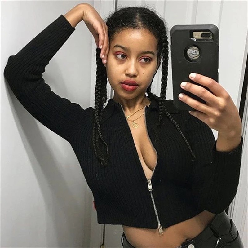 Zip Up Streetwear Cropped Knitted Sweaters Sequin Long Sleeve Front Zipper Black Harajuku Tops Cardigan Winter Clothes 201030