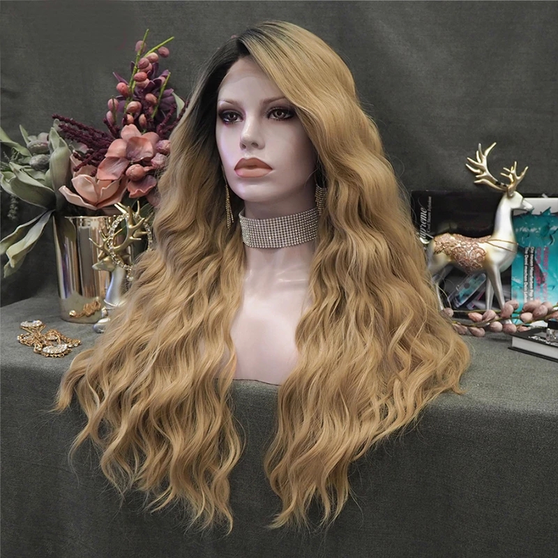 Long Deep Wave Ombre Blonde Wig Side Part Synthetic Lace Front Wig Black Roots Wigs for Women Ombre Blonde Cosplay Wigs