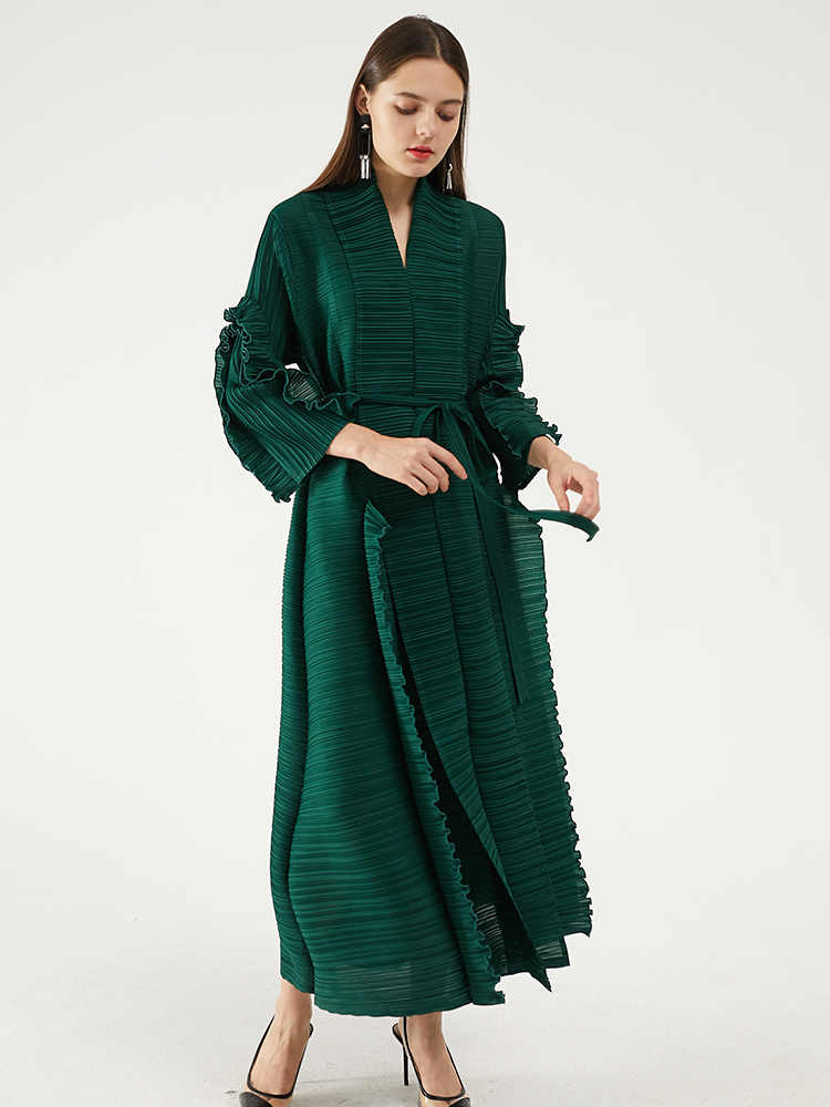 Miyake pleated petal sleeve dress lapel cardigan Sashes long sleeve casual plus size long green dress winter women clothes 201203