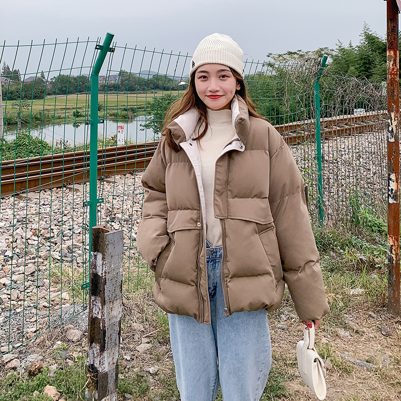 Winter Style Solid Cotton-Padded Jacket Women Oversize Bread Stand-Up Collar Thick Warm Causal Chic Coat Parka CRRIFLZ 201125