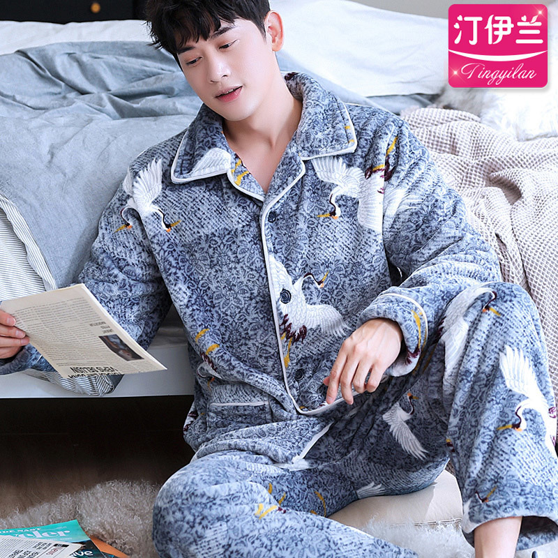 H5898 Sleepwear Young Men Pajamas Set Thick Flannel Cute Homewear Male Coral Velvet Large Size Long Sleeve Winter Warm Nightwear 201109