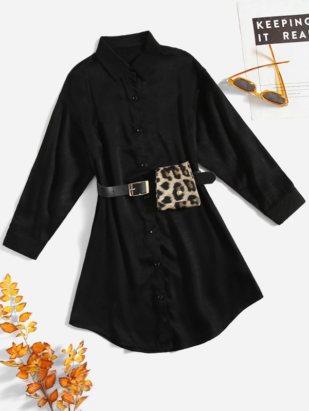 Girls Solid Shirt Dress With Belt And Pocket SHE