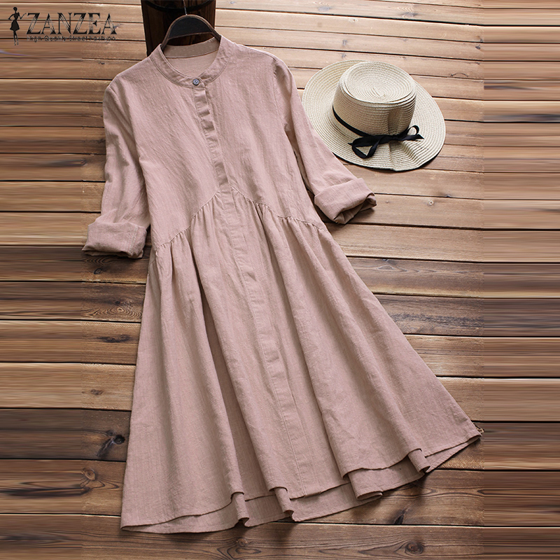 ZANZEA Women Button Down Dress Elegant Lady Cotton Linen Vestido Female Mandarin Collar Dresses Robe Femme Sundress Plus Size T200416