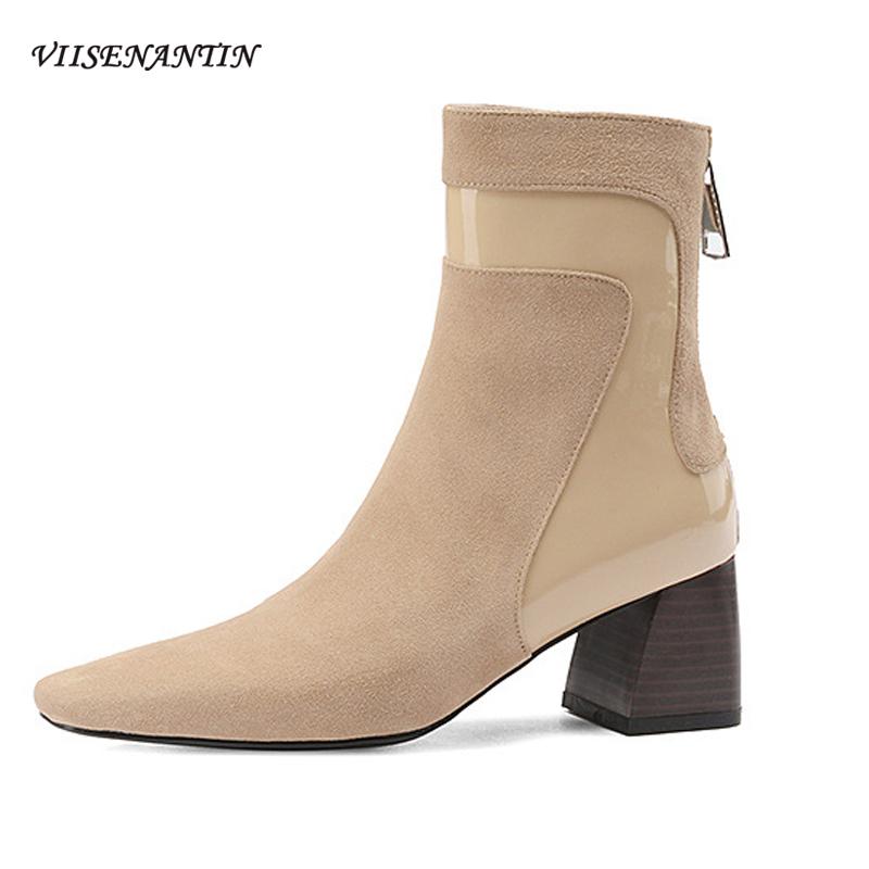 Suede Autumn and Winter Fashion New Rear Zipper Square Toe High Thick Heel Short Boots Color Block Beige Desiger Shoes for Women, Plush lining
Suede Autumn and Winter Fashion New Rear Zipper Square Toe High Thick Heel Short Boots Color Block Beige Desiger Shoes for Women, Plush lining