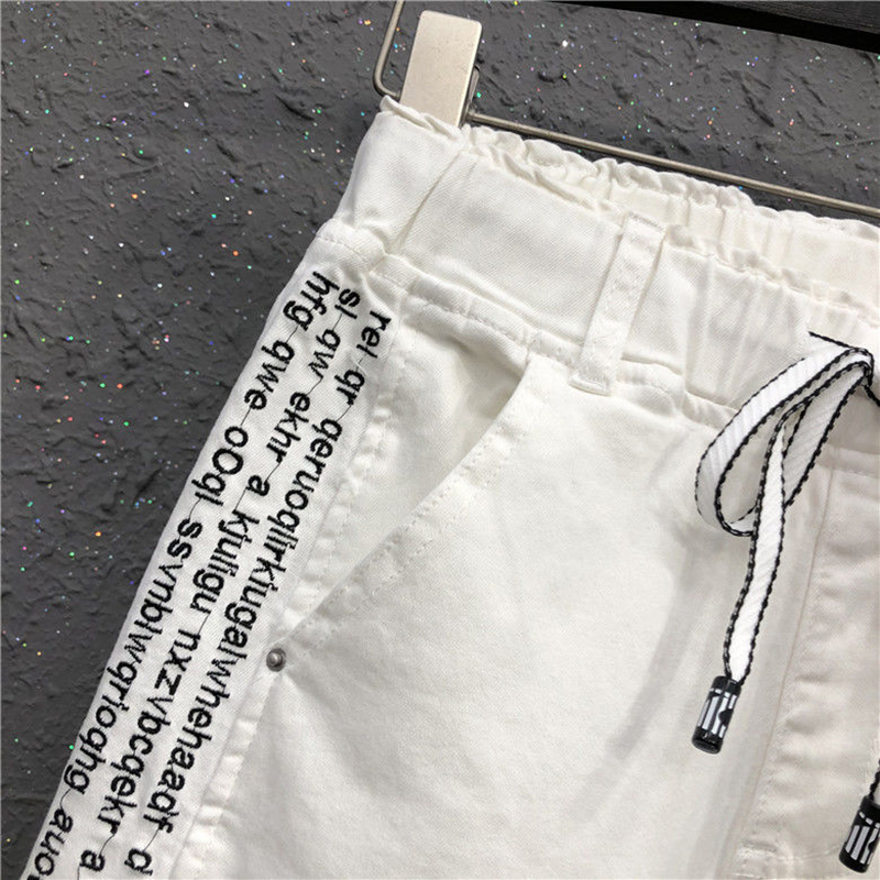 Summer New Korea Fashion Women Elastic Waist Loose Casual White Jeans Letter Embroidery Cotton Denim Harem Pants LJ201127