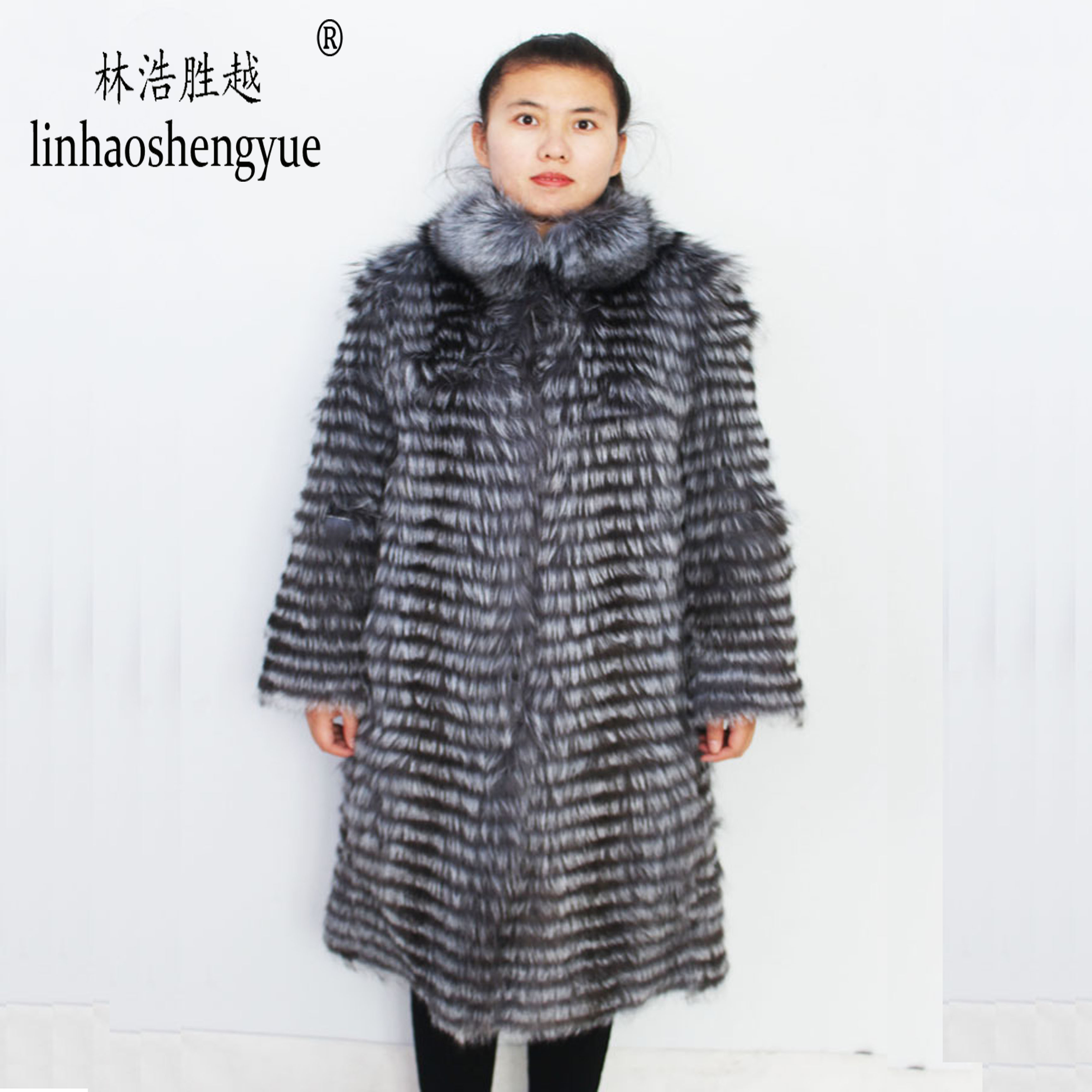 Linhaoshengyue NEW HOT Fox Fur Long Coat Wool Knit Liner With Stylish Stand Collar 201103