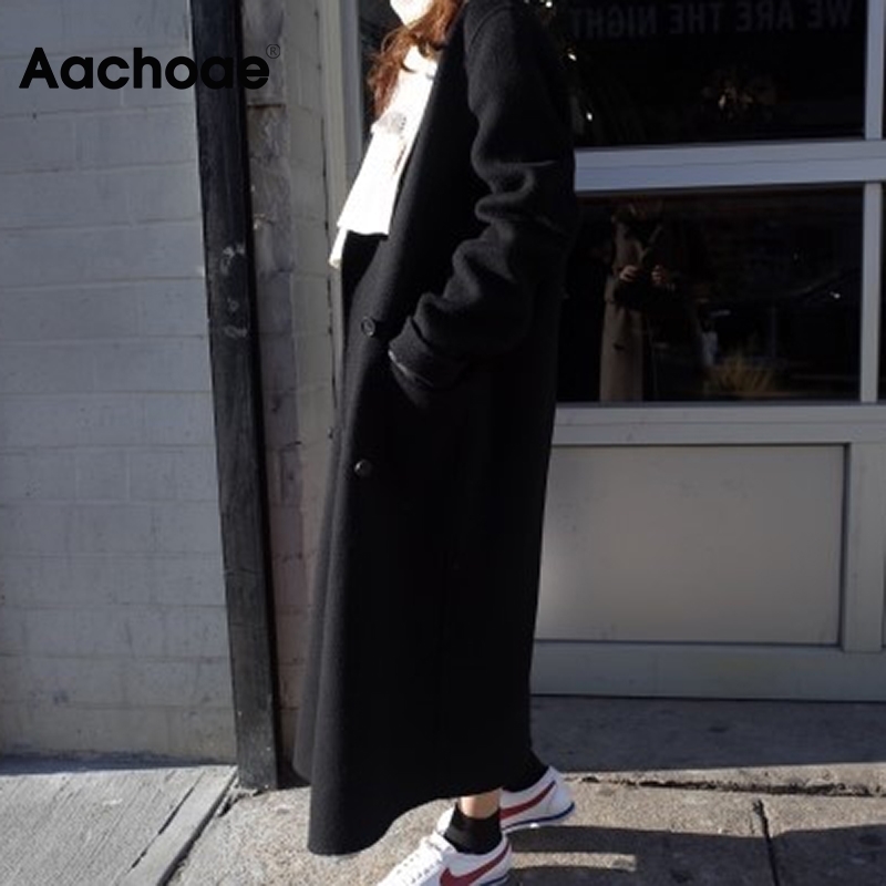 Aachoae Casual Black And Khaki Coat Women Long Sleeve Office Wear Elegant Long Coats Double Breasted Wide Waisted Pocket Coat 201027