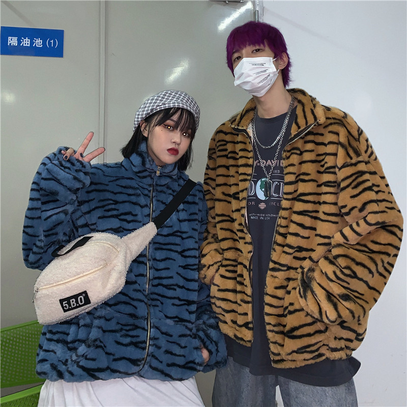 Lychee Girls Zebra Tiger Pattern Zipper Women Teddy Jacket Autumn Winter Lady Teddy Jackets Loose Turtleneck Female Outerwear 201017