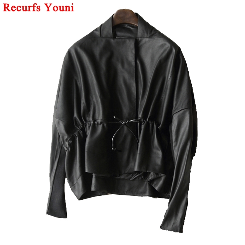 Women's Clothing Great Texture Women Loose Casual Genuine Leather Jacket Female Imported Frosted Sheepskin Drawstring Waist Coat 201030