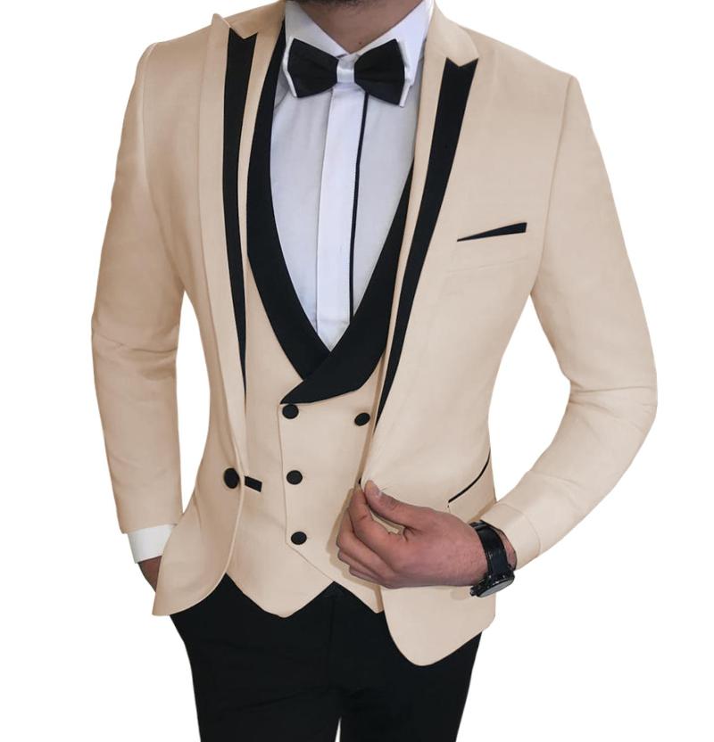 Suit Men 3 Pieces Slim Fit Business Casual Notched Lapel Groomsmen Beige/Black/…