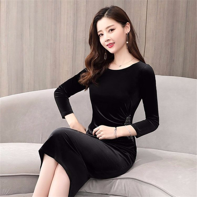 Lady Sexy Skinny Velvet Package Hip Dress Sequined Glitter Plus Size 3XL Slim Long Sleeve Midi Bodycon Women Casual Party dress 201125