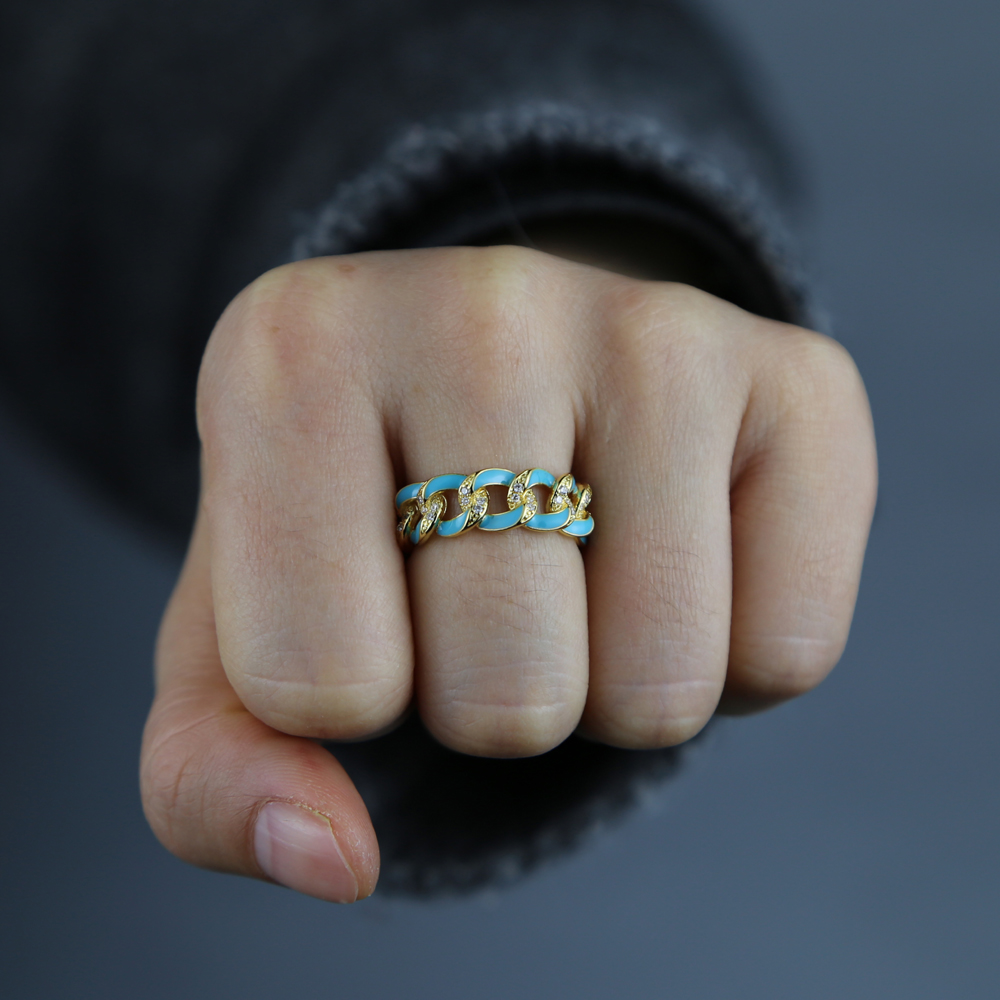 Gold Color Fashion 2024 Women Finger Jewelry Micro Pave White CZ Pink Blue White Enamel Cuban Link Chain Band Ring