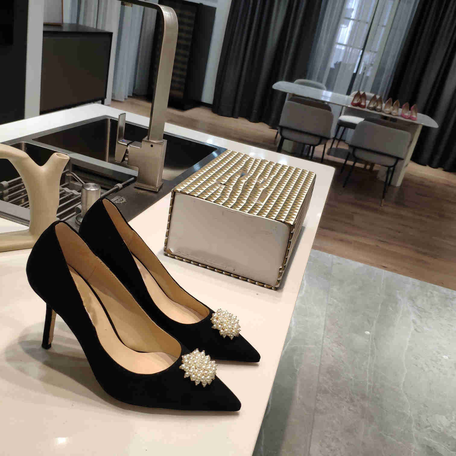 New style high heels stiletto heel suede pointed pearl buckle leather women's single shoes, Black
New style high heels stiletto heel suede pointed pearl buckle leather women's single shoes, Black