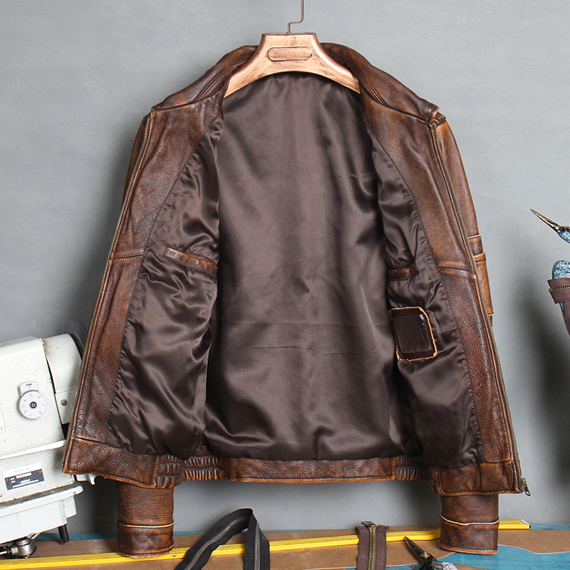 Plus MA-1 bomber leather coatthick cowhide Jacketmen's genuine Leather jacketman vintage brown leather clothes 201127