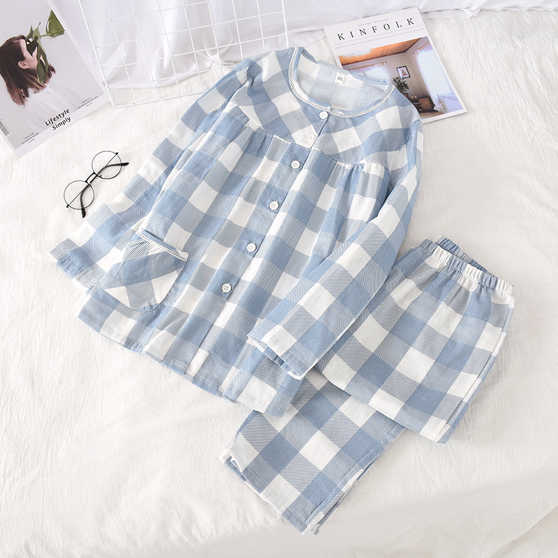 Pajamas Sets for Women Plaid Printing Pure Cotton Pyjamas TwoPiece Suit Long Trousers Pregnant Homewear Long Sleeve Sleepwear T200429
