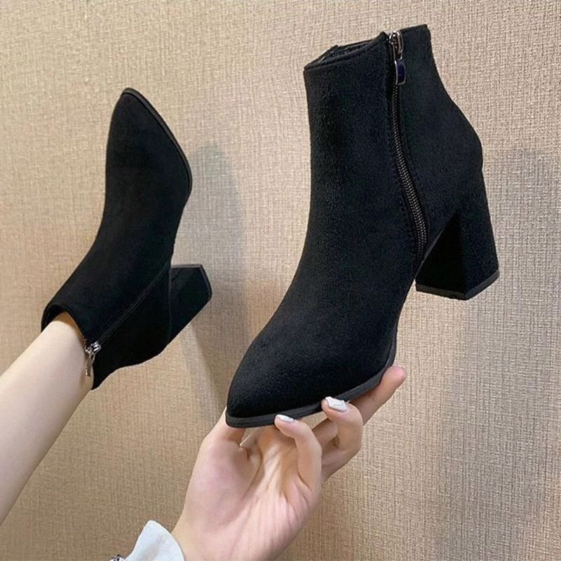 women boots Causal Comfort ladies zipper Pointed toe Suede woman office lady Elegant Suede female high thick heels shoes #xS1z, Black
women boots Causal Comfort ladies zipper Pointed toe Suede woman office lady Elegant Suede female high thick heels shoes #xS1z, Black