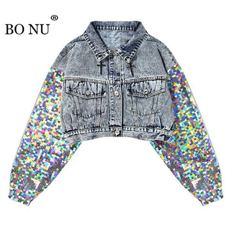 Fashion Denim Jacket Handmade Sequins Women's Jeans Slim Short Jeans Jacket Shimmer Spliced Jeans Coat Casual Girls Outwear 201017