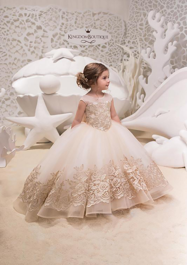 Princess Flower Girls' Dresses with Bow Backless Lace Applique Long Floor Communion Dress for Party