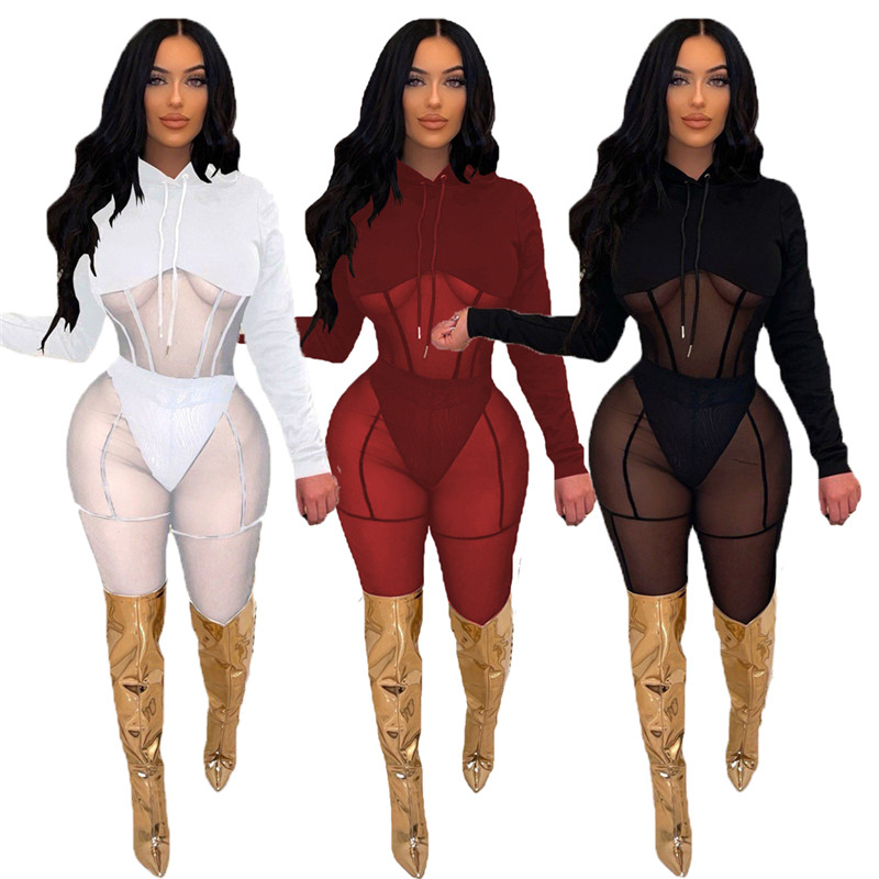 New Sexy Women Tracksuits Mesh Two Piece Set Long Sleeve Pullover Top Pants Matching Sets Fashion See Through Outfits Fall Sheer Clothes Party night c