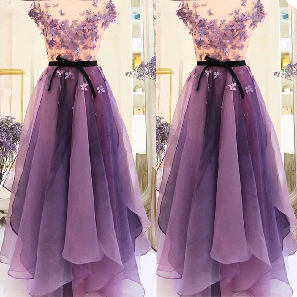 Romantic Purple Evening Dresses Custom Made Floral Applique Multilayer Prom Dresses Sleeveless Floor Length Party Gowns
