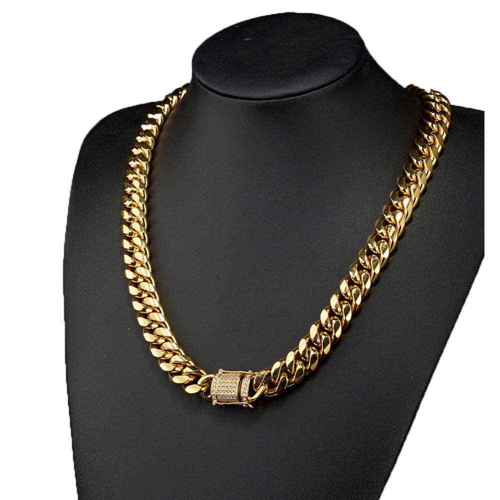 618mm Wide Stainless Steel Cuban Miami Chains Necklaces CZ Zircon Box Lock Big Heavy Gold Chain HipHop jewelry
