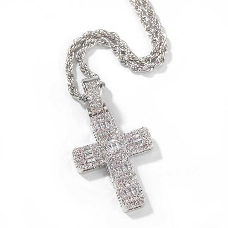 Hip Hop Cross Pendant Necklace for Men & Women 2024 Vintage Jewelry Gold Fill Stainless Steel Chain | Princess Cut White Topaz CZ Dia