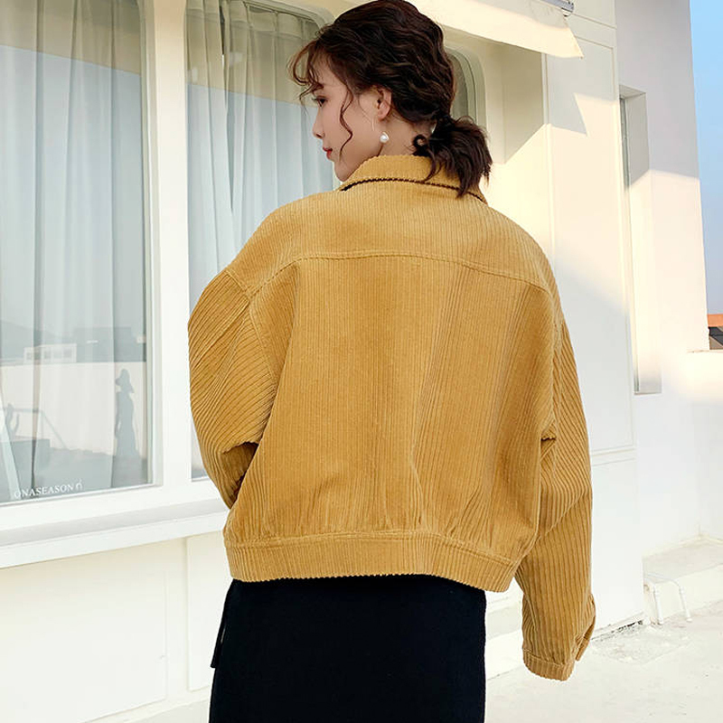 Bella spring women solid pocket jackets lady Long Sleeve Corduroy casual jacket female turn down collar coats 201017