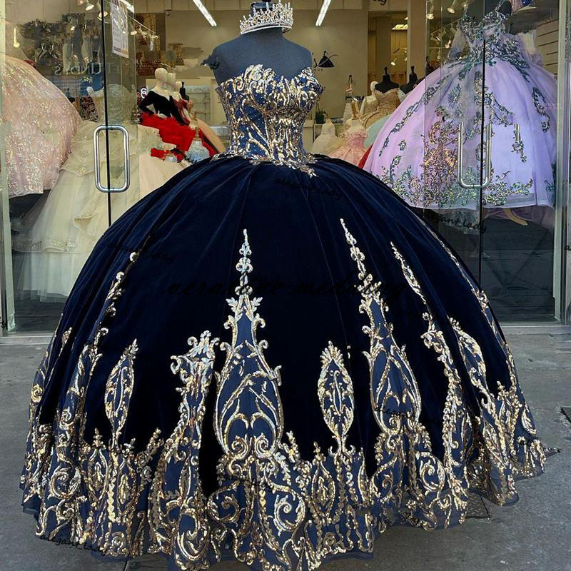 Navy Blue Velvet Princess Quinceanera Dress Ball Gown Sequins Lace Applique Vestido Mexicano Style Sweet 15 Prom Gown