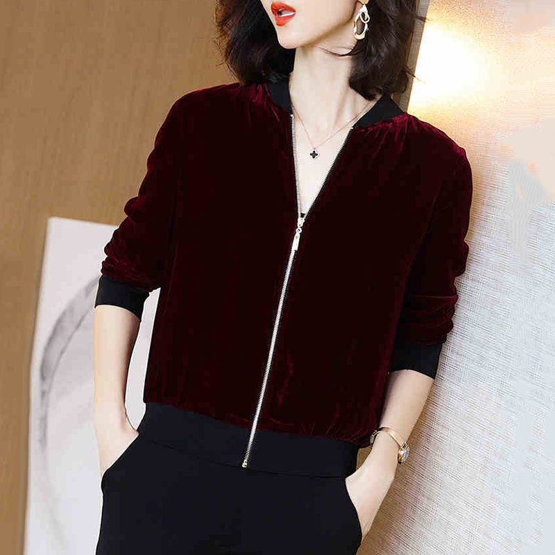Women Wine Red Velvet Cropped Jacket Casual Zipper Short Outerwear Spring Female Jackets Blue Coat Wild Fashion Cardigan New 201014