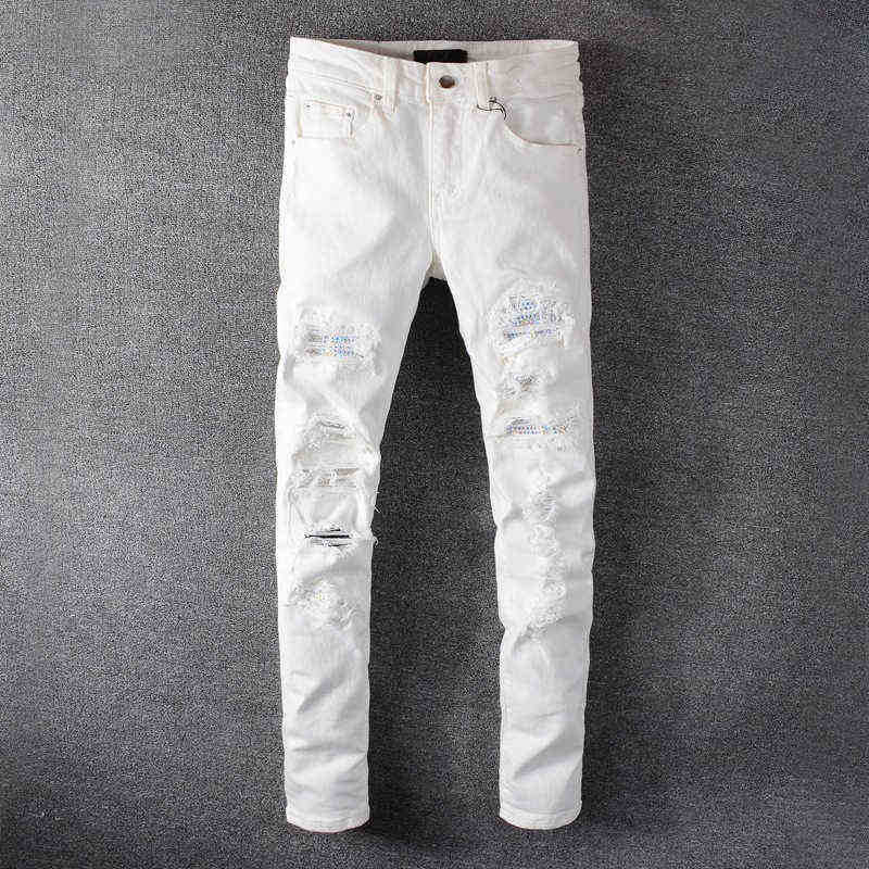 Men's White Crystal Holes Ripped Jeans Fashion Slim Skinny Rhinestone Stretch Denim Pants Hole Patch Tight
Men's White Crystal Holes Ripped Jeans Fashion Slim Skinny Rhinestone Stretch Denim Pants Hole Patch Tight