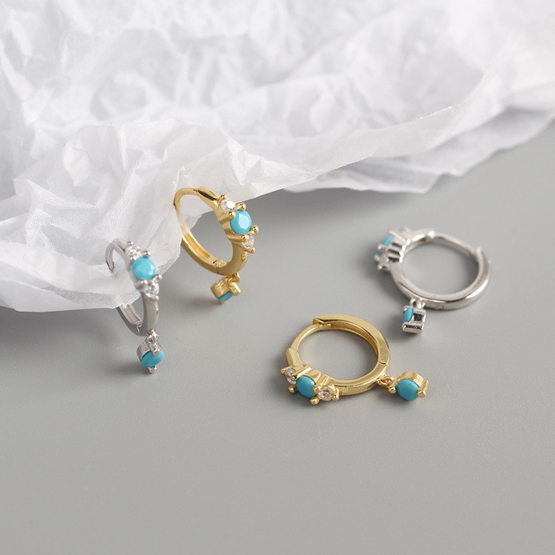 100% 925 Sterling Silver Small Circle Stud Earrings for Women New Fashion Blue Turquoise Charms Earring Wedding Jewelry Gifts ML