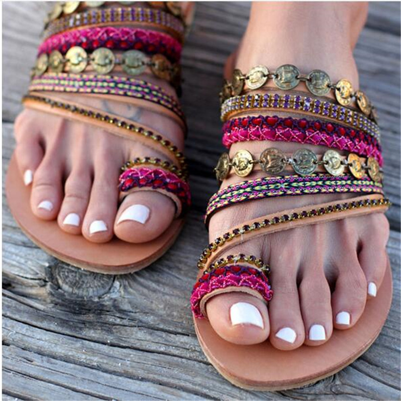 NAN JIU MOUNTAIN Shoes Woman Handmade Bohemian Wind Flat Sandals Women's Shoes Plus Size 34-43