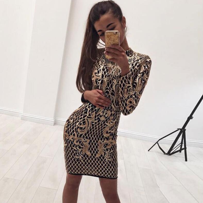 Real Image Gold Evening Dresses Sequins Appliqued Sexy Backless Sheath Prom Dresses Bling High Neck Long Sleeves Girl Party Gowns In Stock