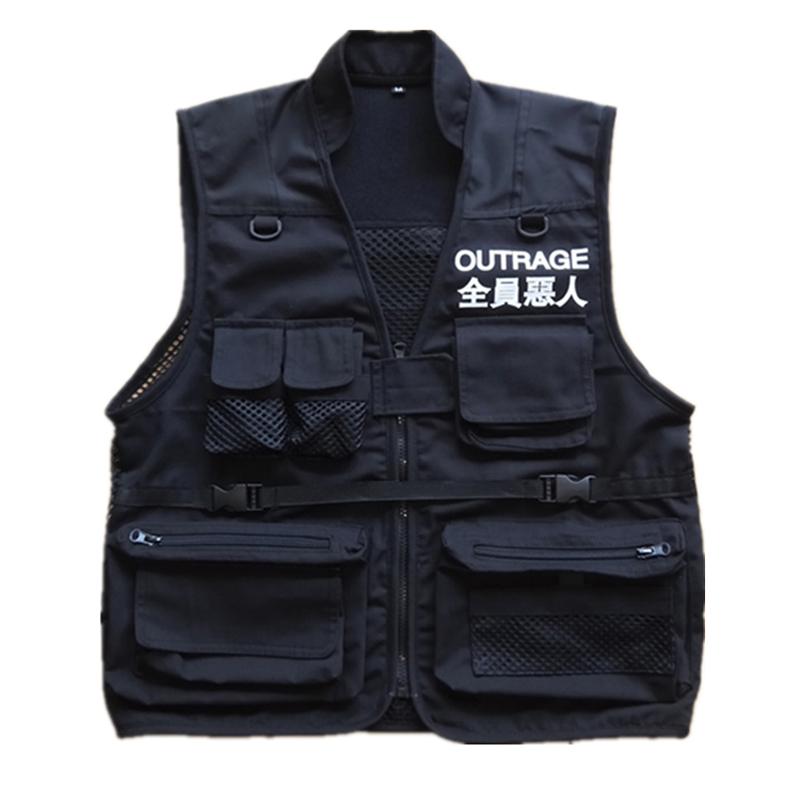 Men's Vests Men Coat Sleeveless Jacket Casual Chinese Character Vest High Street Pockets Cargo Waistcoat Zipper Jacket1