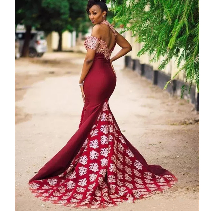 Burgundy African Sexy Evening Dresses Formal Party Wear Mermaid Prom Dress Trumpet robes de soirée Saudi Arabia Plus Size Gown