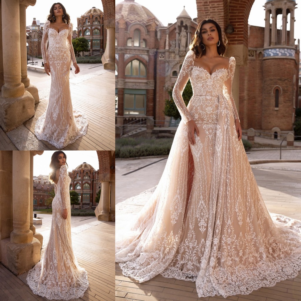 Mermaid Charming Lace Wedding Dresses With Detachable Train Sweetheart Neck Long Sleeves Bridal Gowns Robe De Marie