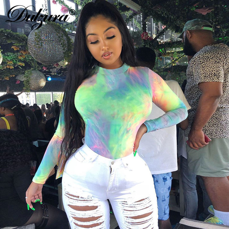 Dulzura 2019 autumn winter women bodysuit tie dye long sleeve streetwear festival clothes body office rompers bodycon T200116