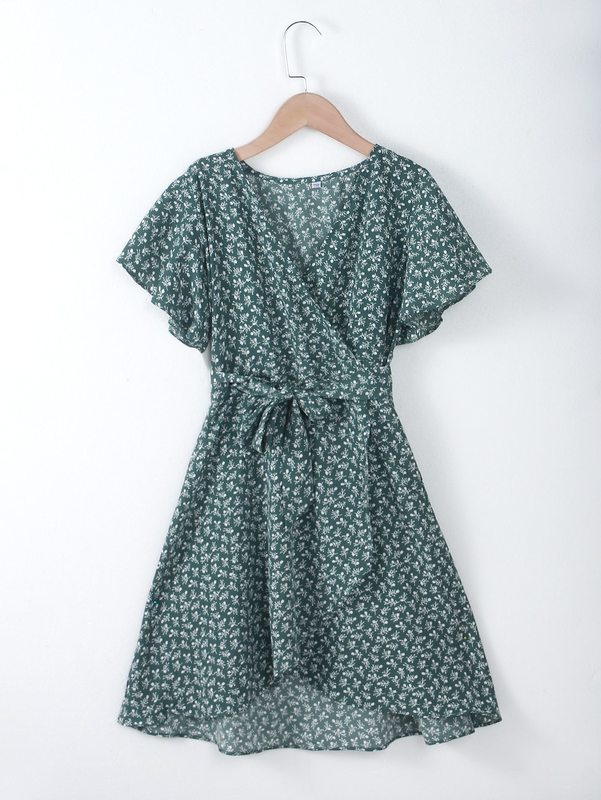 Girls Ditsy Floral Butterfly Sleeve Belted Wrap Dress SHE