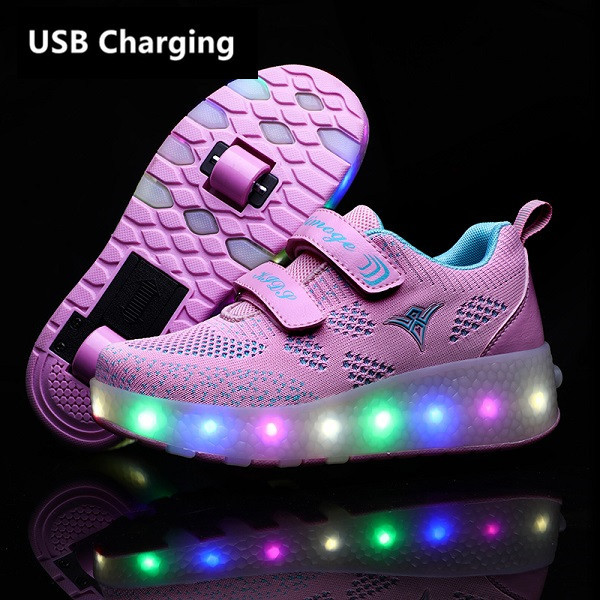Two Wheels USB Charging Sneakers Red Led Light Roller Skate Shoes for Children Kids Led Shoes Boys Girls Shoes Light Up Unisex