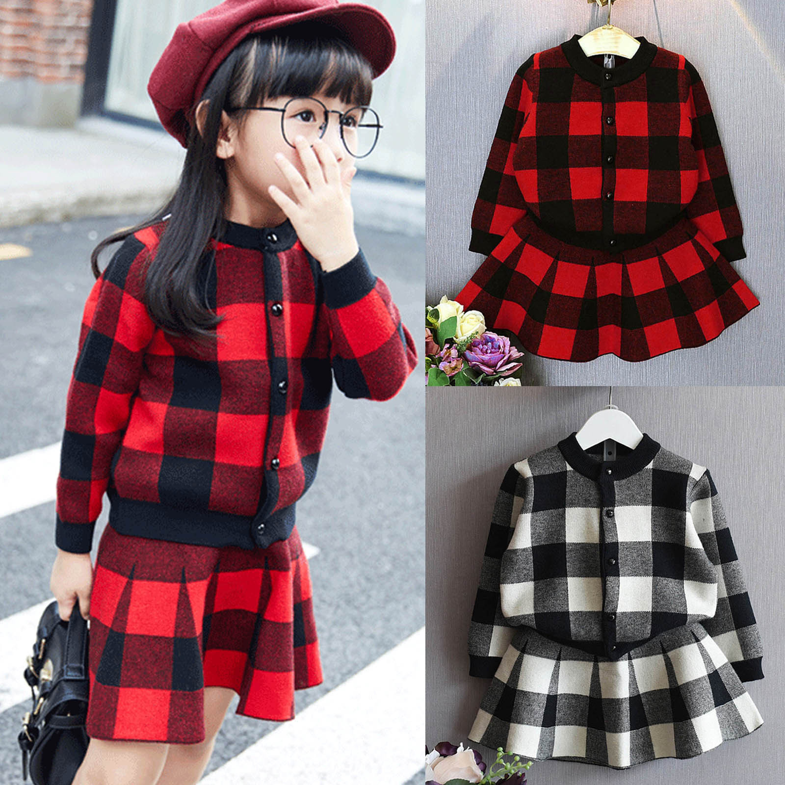 Plaid Knitted Girls Clothes Set Toddler Kids Baby Girls Long Sleeve Sweater Coat Tops+Skirt Outfit Clothing Set Christmas GiftsX1019