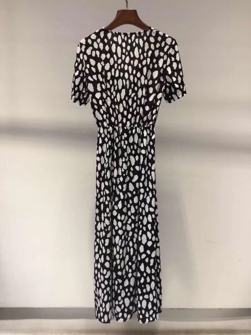 women long skirt spring new deep V neck short sleeve women elegant print split long skirt T200113