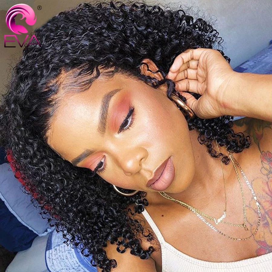 Afro Kinky Curly Wig 13x4 Lace Front Human Hair Wigs Pre Plucked Glueless synthetic short Hair wig For Women Black 150 Density