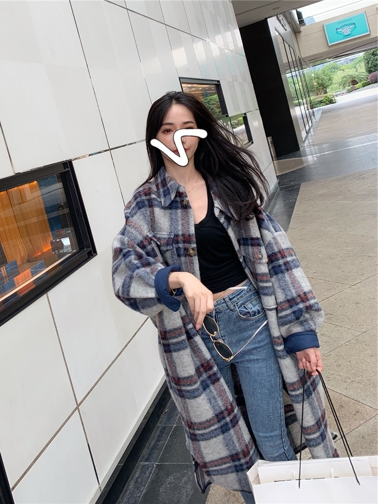 Blue Plaid Trench Coat Women 2020 Spring Autumn New Casual Korean Fashion Lapel Wool Over The Knee Long Coat Z220 T200828