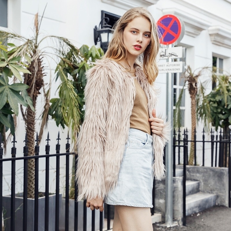 Fashion Furry Faux Fur Coat Women Fluffy Warm Long Sleeve Female Outerwear Autumn Winter Coat Jacket Hairy Collarless Overcoat 201110