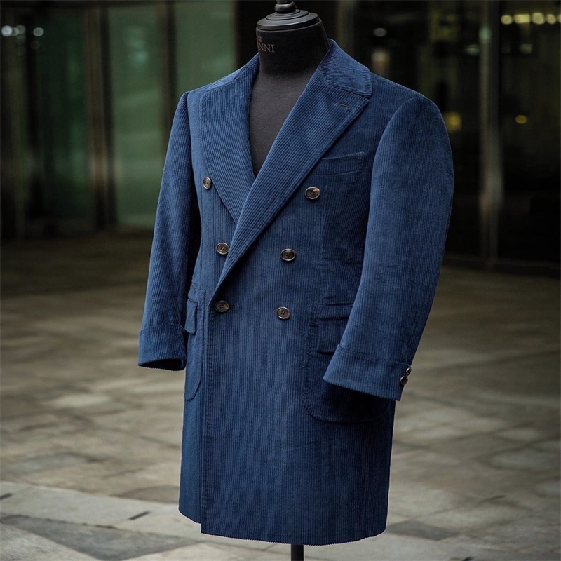 Corduroy Men Suits Navy Winter Custom Made Men Formal Suits Fit Double Breasted Tuxedos Peaked Lapel Blazer Business Long Coat Hot Sale