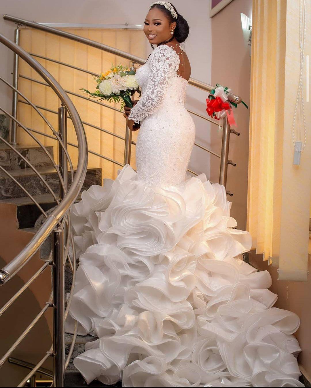 Aso Ebi Luxurious Lace Beaded Wedding Dresses Sheer Neck Crystals Long Sleeve Cascading Ruffles Train African Bridal Gown Plus Size