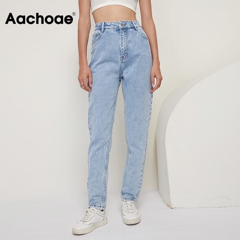 Aachoae Fashion 100 Cotton Mom Jeans Women High Waist Solid Pockets Cowboy Pants Zipper Fly Long Denim Pencil Trousers 201105