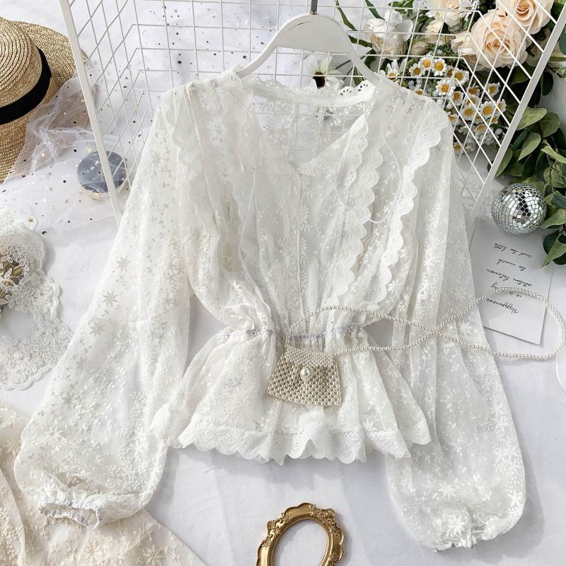 autumn lace blouse shirt ladies French retro lantern sleeves lotus leaf lace shirts T200608